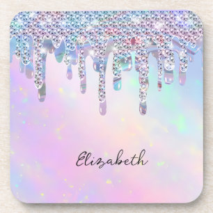 Trendy Rainbow Glitter Drips Holographic Coaster