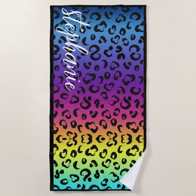 Trendy Rainbow Leopard Print Custom Name Wedding Beach Towel (Front)