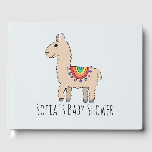 Trendy Rainbow Llama Cartoon and Name Baby Shower Guest Book (Front)