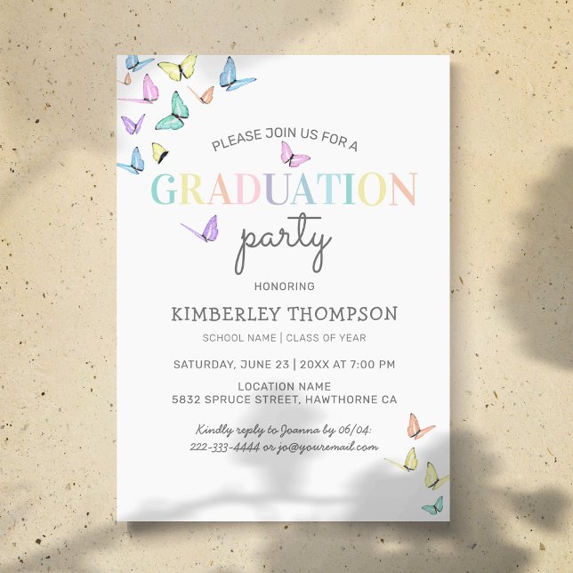 Trendy Rainbow Pastel Butterfly Graduation Party Invitation (Creator Uploaded)