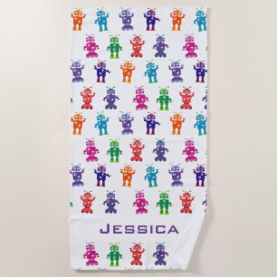 Trendy Rainbow Robots Pattern Personalised Kids Beach Towel
