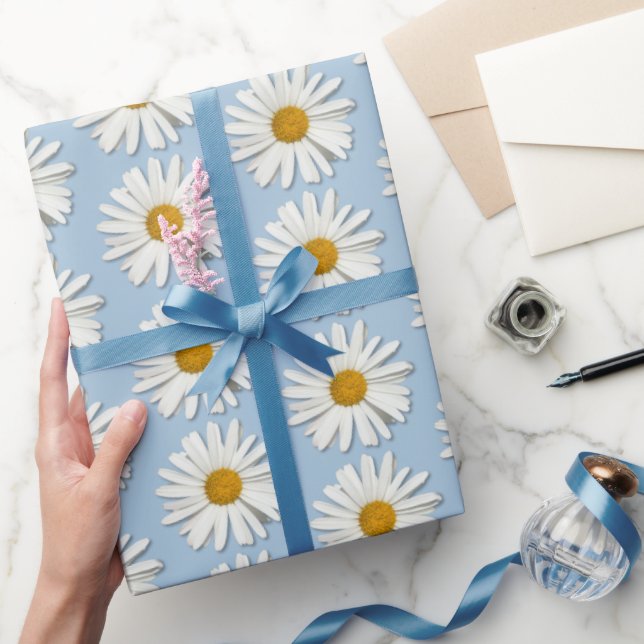 Trendy Real Daisy Flowers - Wedding Blue Fashion Wrapping Paper (Gifting)