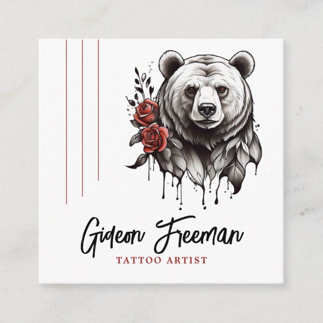 Trendy Red and Black Bear Rose Tattoo Artist Square Business Card (Front)