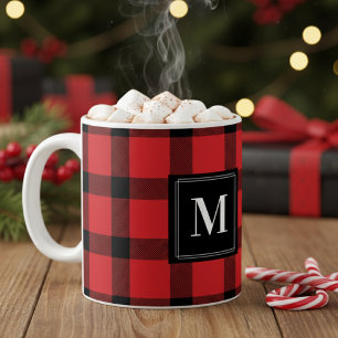 Trendy Red and Black Buffalo Plaid Monogrammed Coffee Mug