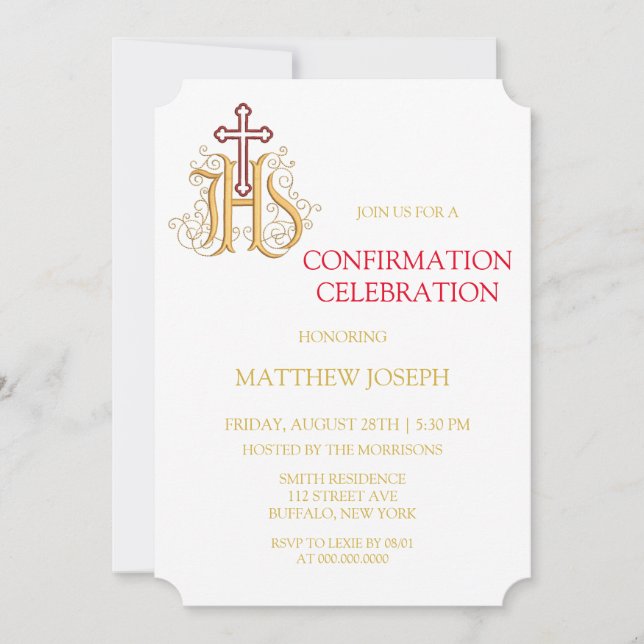 Trendy Red and Gold Flourish Confirmation Invitati Invitation (Front)