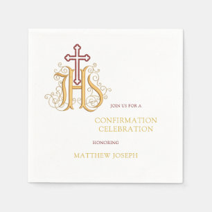 Trendy Red and Gold Flourish Confirmation Napkin