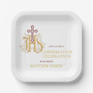 Trendy Red and Gold Flourish Confirmation Paper Plate
