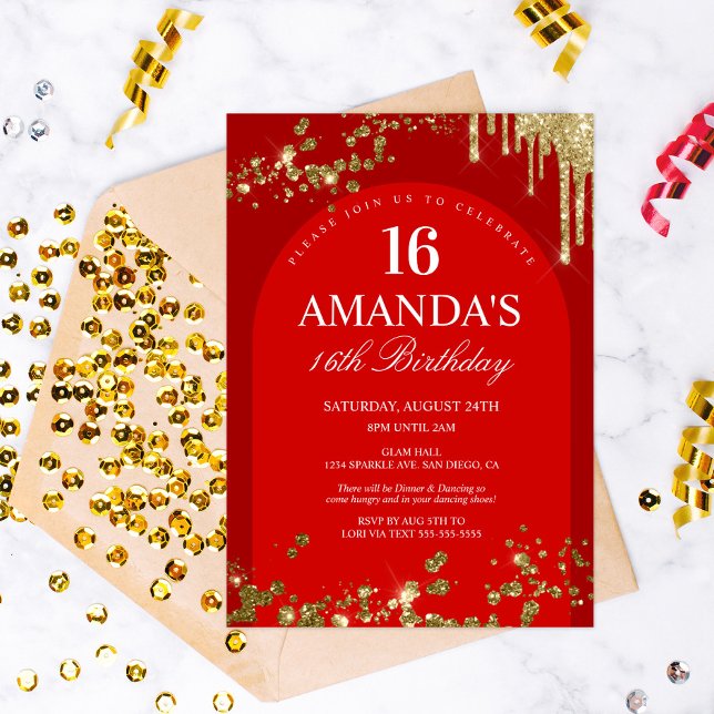 Trendy Red and Gold Glitter Drip Birthday Invitation (Creator Uploaded)