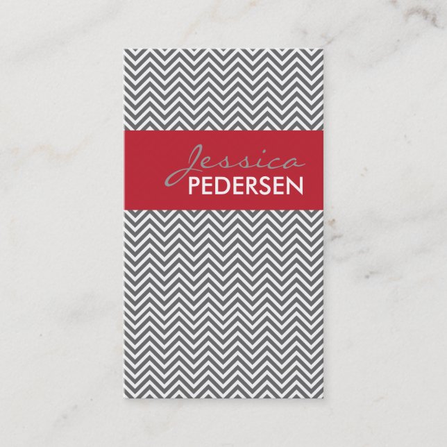 Trendy Red and Grey Chevron Business Cards (Front)