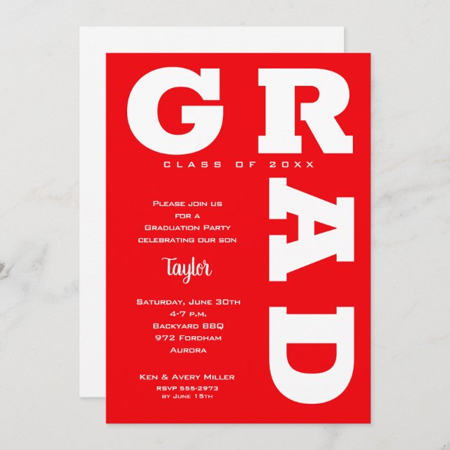 Trendy Red and White Graduation Invitation (Front/Back)