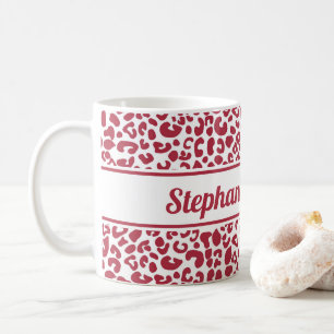 Trendy Red and White Leopard Print With Name Coffee Mug