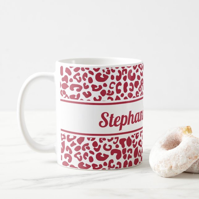 Trendy Red and White Leopard Print With Name Coffee Mug (With Donut)