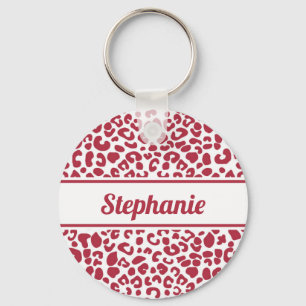 Trendy Red and White Leopard Print With Name Key Ring