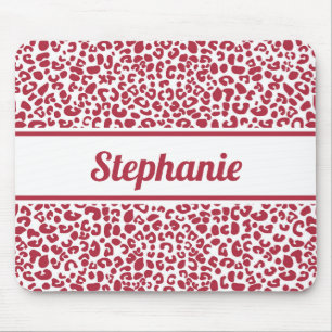 Trendy Red and White Leopard Print With Name Mouse Mat