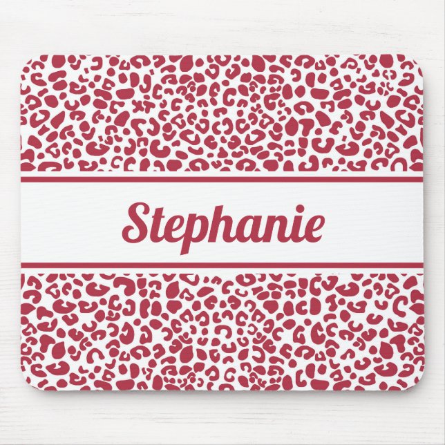 Trendy Red and White Leopard Print With Name Mouse Mat (Front)