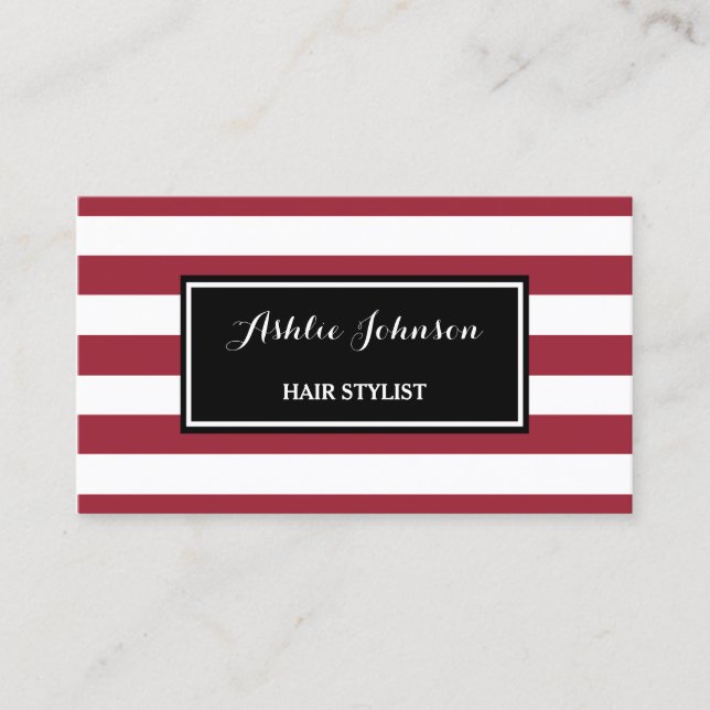 Trendy Red and White Stripes Salon Hair Stylist Business Card (Front)