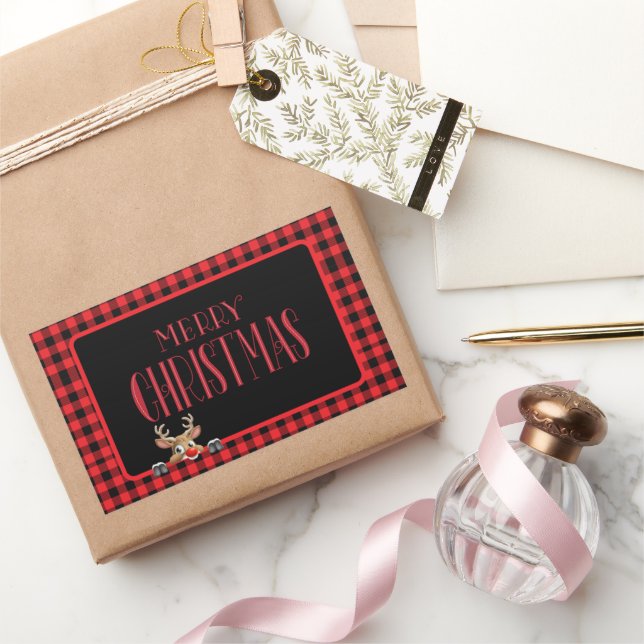 Trendy Red Black Buffalo Check with Reindeer  Rectangular Sticker (Gifting)