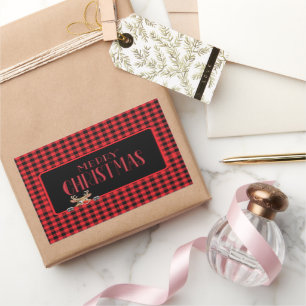 Trendy Red Black Buffalo Check with Reindeer Rectangular Sticker