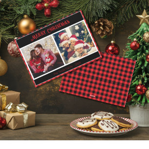 Trendy Red Black Buffalo Paid with 2 Family Photos Holiday Card