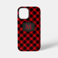 Trendy Red Black Buffalo Plaid Monogram iPhone 12