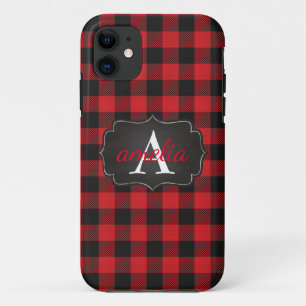 Trendy Red Black Buffalo Plaid Your Name Checks iPhone 11 Case