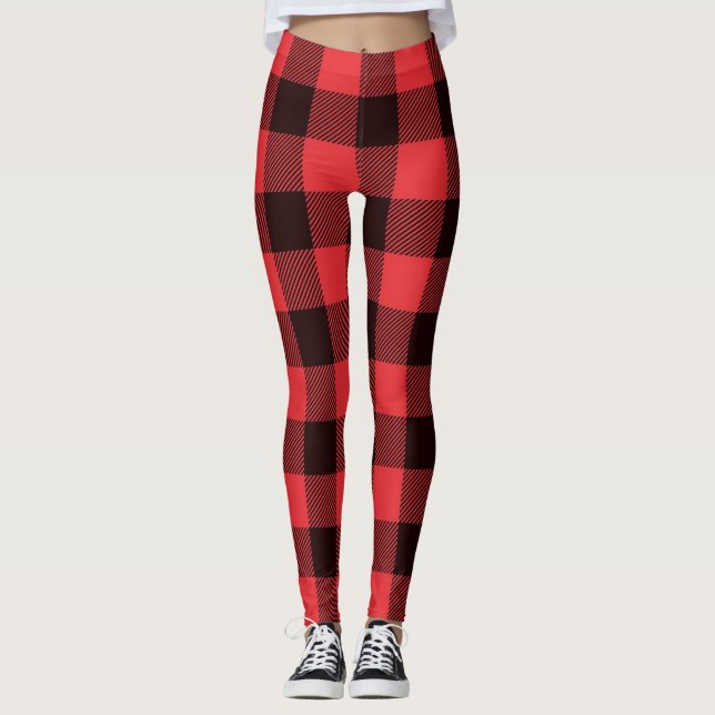Trendy Red & Black Plaid Leggings (Front)