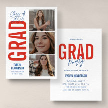 Trendy Red Blue 3 Photo Graduation Card