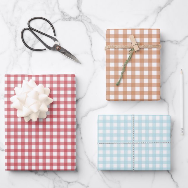 Trendy Red Blue Brown Gingham Plaid Pattern Wrapping Paper Sheet (Front)