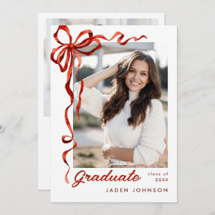 Trendy Red Bow Ribbon 2 PHOTO Graduation Party Invitation