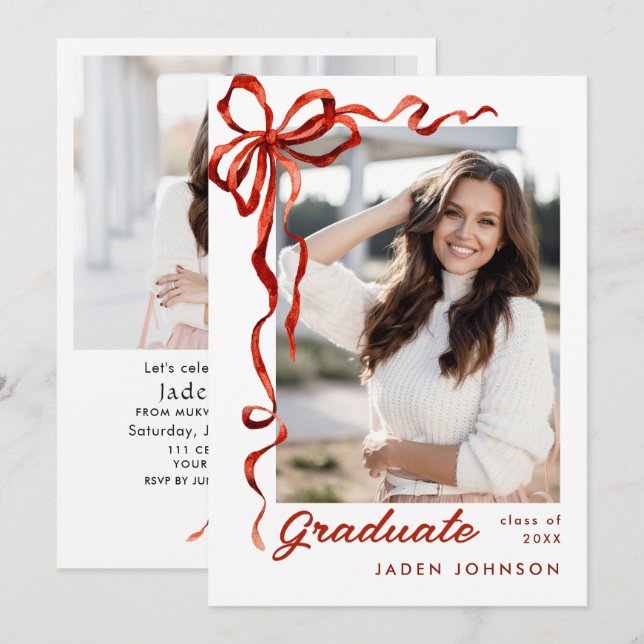 Trendy Red Bow Ribbon 2 PHOTO Graduation Party Invitation (Front/Back)
