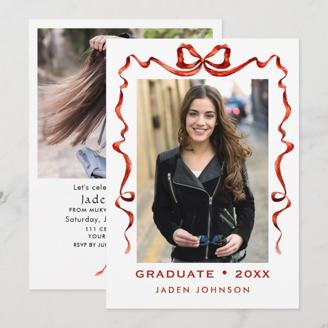 Trendy Red Bow Ribbon 2 PHOTO Graduation Party Invitation (Front/Back)