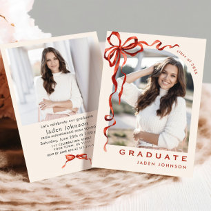 Trendy Red Bow Ribbon 2 PHOTO Graduation Party Invitation