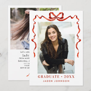Trendy Red Bow Ribbon 2 PHOTO Graduation Party Invitation