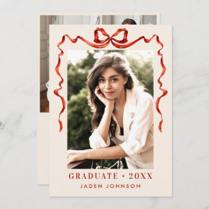 Trendy Red Bow Ribbon 4 PHOTO Graduation Party Invitation