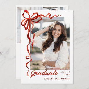 Trendy Red Bow Ribbon 4 PHOTO Graduation Party Invitation