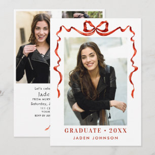 Trendy Red Bow Ribbon 4 PHOTO Graduation Party Invitation
