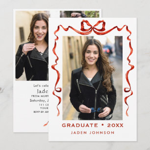 Trendy Red Bow Ribbon 4 PHOTO Graduation Party Invitation