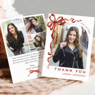 Trendy Red Bow Ribbon 4 PHOTO Graduation Thank You Card