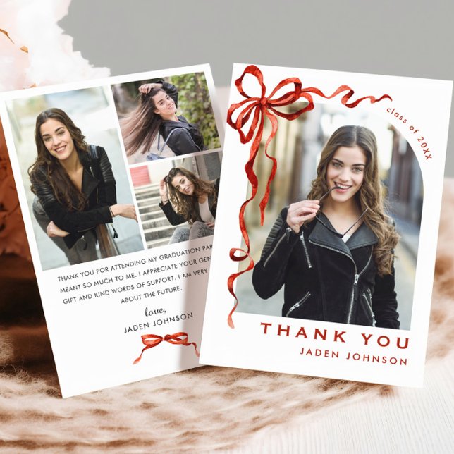 Trendy Red Bow Ribbon 4 PHOTO Graduation Thank You Card (Creator Uploaded)