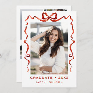 Trendy Red Bow Ribbon 5 PHOTO Graduation Party Invitation