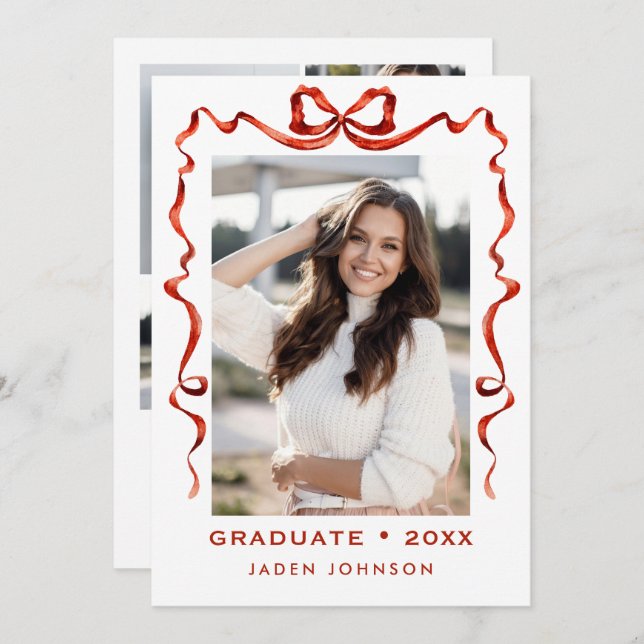 Trendy Red Bow Ribbon 5 PHOTO Graduation Party Invitation (Front/Back)