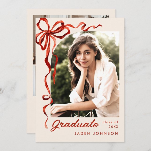 Trendy Red Bow Ribbon 5 PHOTO Graduation Party Invitation (Front/Back)