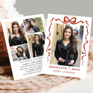 Trendy Red Bow Ribbon 5 PHOTO Graduation Party Invitation