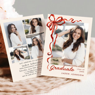 Trendy Red Bow Ribbon 5 PHOTO Graduation Party Invitation