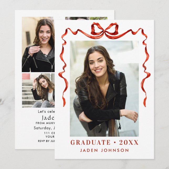 Trendy Red Bow Ribbon 5 PHOTO Graduation Party Invitation (Front/Back)
