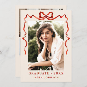 Trendy Red Bow Ribbon 5 PHOTO Graduation Party Invitation