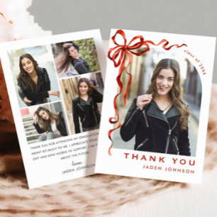 Trendy Red Bow Ribbon 5 PHOTO Graduation Thank You Card