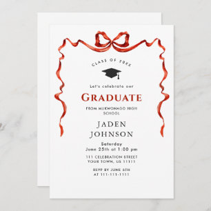 Trendy Red Bow Ribbon PHOTO Graduation Party Invitation