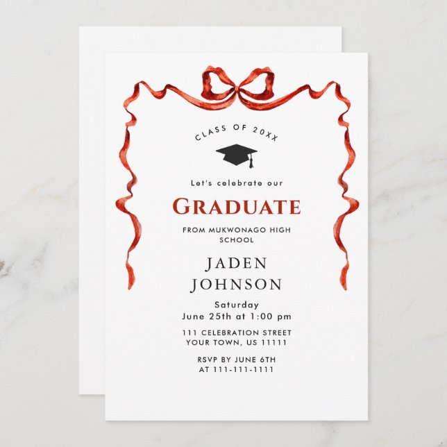 Trendy Red Bow Ribbon PHOTO Graduation Party Invitation (Front/Back)