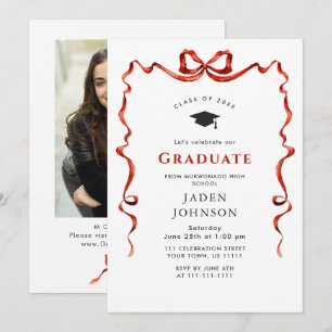 Trendy Red Bow Ribbon PHOTO Graduation Party Invitation